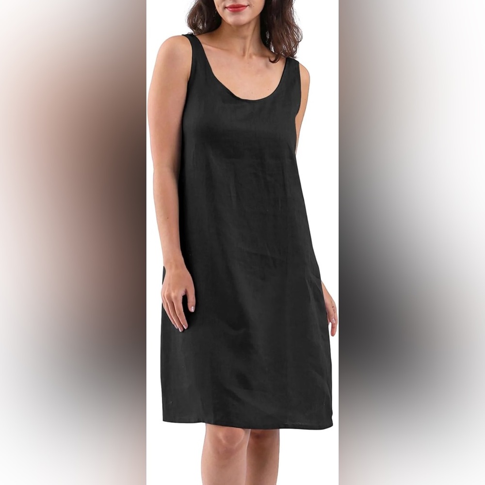 100% Linen Black Sleeveless Midi Tank Dress Size M